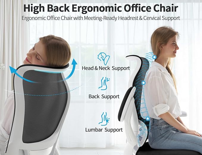 TRALT Ergonomic Office Chair- Desk Chair with Adjustable Lumbar Support | Big and Tall Back Ergonomic Desk Chair - Home Office Mesh Chairs and PU Leather Seat for Home Reading to Adults(White Black)