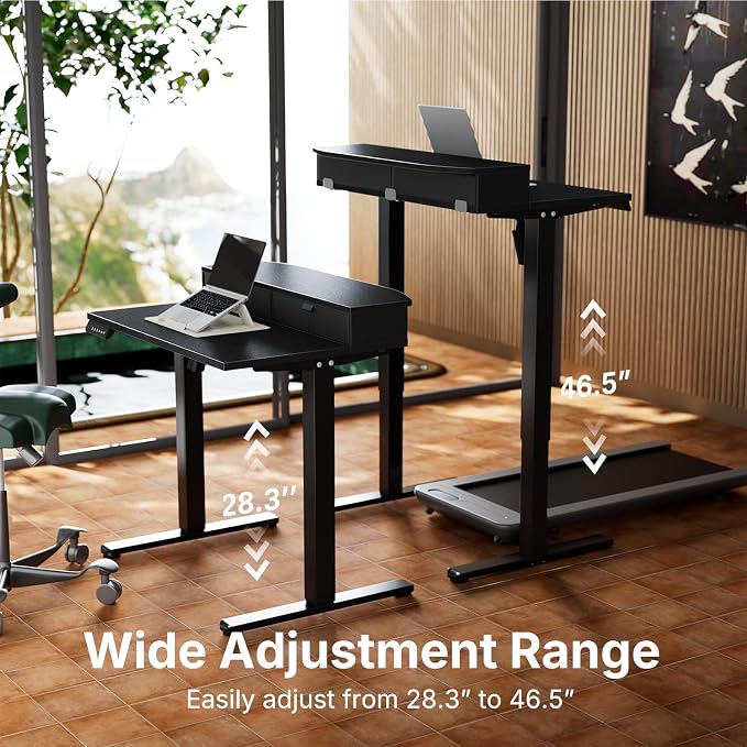 HUANUO 32 x 21 inch Small Electric Standing Desk with 2 Drawers, C-Clamp Mount Compatible, Height Adjustable Sit Stand Desk, Home Office Stand Up Desk with 4 Memory Height Settings, Black