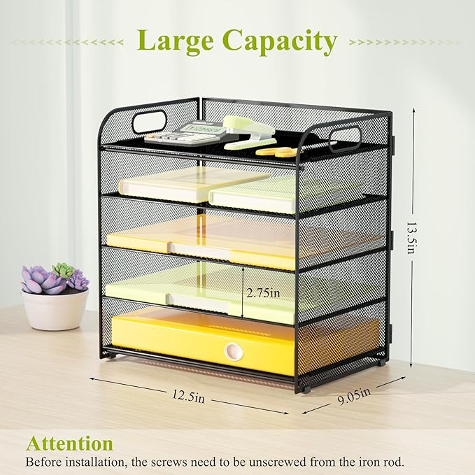 VIEERINN 5 Tier Paper Letter Tray Organizer with Handles, Mesh Desk File Organizer Metal Paper Sorter Holder, Desktop Document Shelf Tray Storage Organization for Office School Home