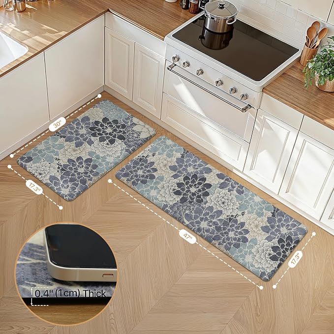GENIMO Anti Fatigue Kitchen Mats for Floor 2PCS, Cushioned Standing Mats | 17.3"x47"&17.3"x30", Navy Blue vintage floral rug set, waterproof, non slip, easy-clean for farmhouse