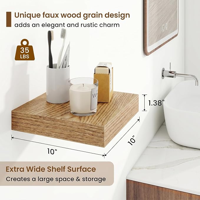 Square Floating Shelves for Wall, 10"W x 10"D x 1.25"H, 3 Packs Small Wall Mounted Engineered Wood Shelves with Invisible Brackets for Living Room, Bedroom, Bathroom, Kitchen Decor, Cedar