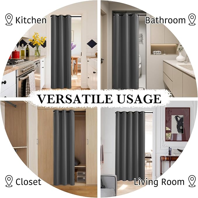 RYB HOME 100% Blackout Door Curtain for Doorway/Open Closet, Privacy Temporary Door for Bedroom/Kitchen/Laundry/Patio, Thermal Insulated Drapes, Grey, W34xL80, 1 Panel