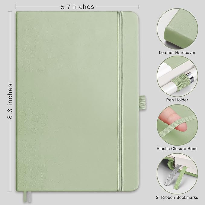 RETTACY Graph Grid Paper Notebook, 2-Pack, 192 Pages per Pack, A5 Medium Size (5.7'' x 8.3''), Leather Hardcover, 100 GSM Thick Paper, for School, Students, Math, Engineering (Black & Light Green)