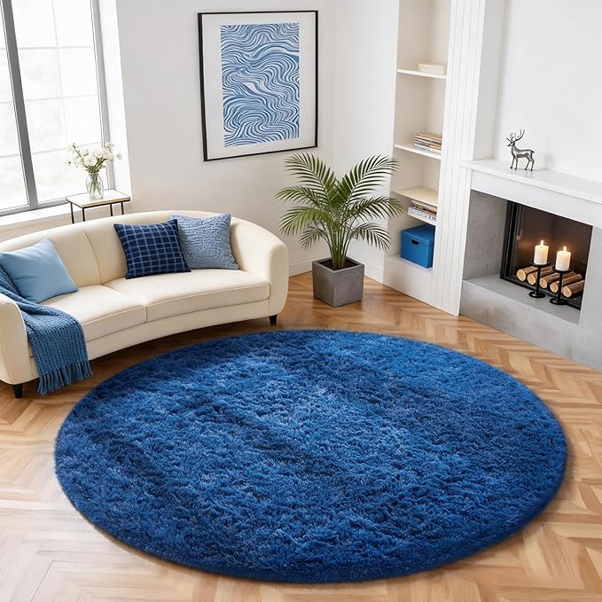 Ophanie Round Rug 6Ft Blue Circle Area Rug, Boys Room Decor, Fluffy Fuzzy Bedroom Carpet, Plush Soft Shaggy Living Room Rugs for Kids Home Aesthetic, Nursery with Over 99 pcs Pile fibers