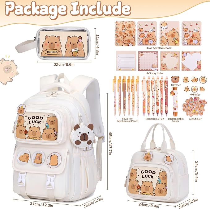 Capybara Backpack for School Girls, 30PCS Capybara Gifts School Supplies Stationery Set with Lunch Box Pencil Case Pens Pencils Notebook Cartoon for Kindergarten Elementary Student(Beige)