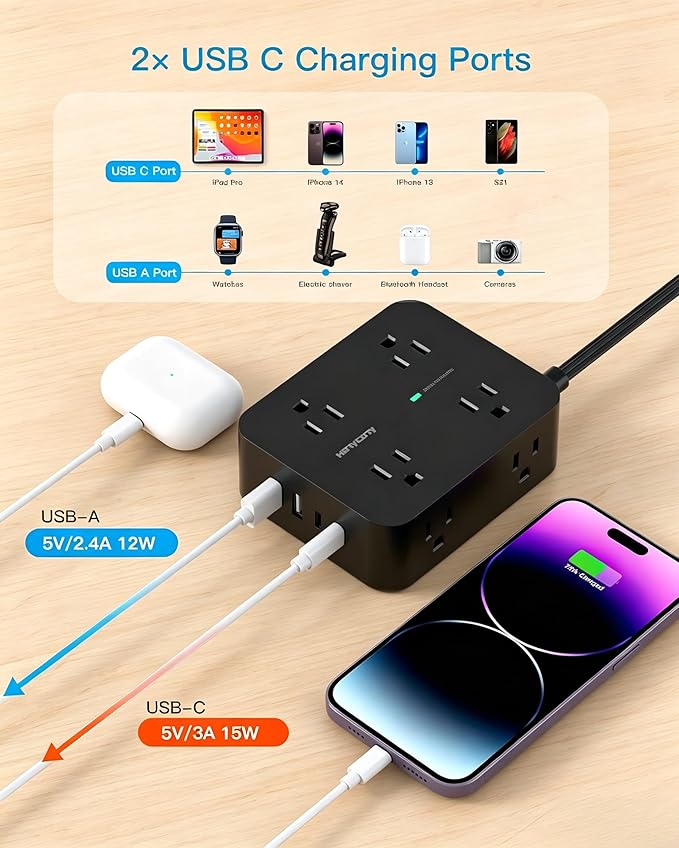 HANYCONY Surge Protector Power Strip 15 Ft, Flat Plug Extension Cord with 8 Outlets and 4 USB Ports(2 USB C), Wall Mount Outlet Extender Charging Station for Home Office Desk Essentials, Black