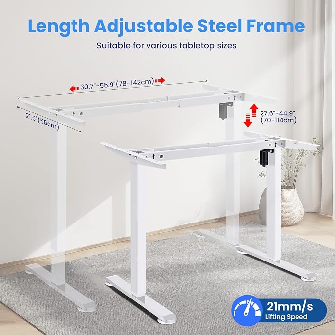 Electric Standing Desk Frame,Compatible Desktop Size 43″-72″ and 187 lbs Weight,Memory Controller Height Adjustable Frame,White Frame Only