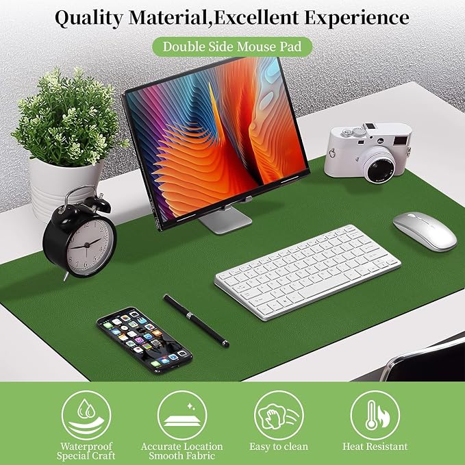 Green Leather Desk Mat, Dual-Side Use Desk Matt for Desktop, Waterproof Computer Mats for Office/Study/Home