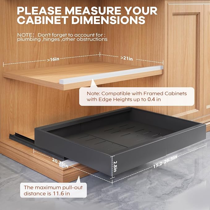 Seinloes 4 Pack Expandable Width (15.15"-26.3") Pull Out Cabinet Organizer 21" Deep with Raising Pad for Framed Cabinets, Upgrade 3 Slide Rails Slide Out Drawers, Roll Out Shelves Adhesive, Black