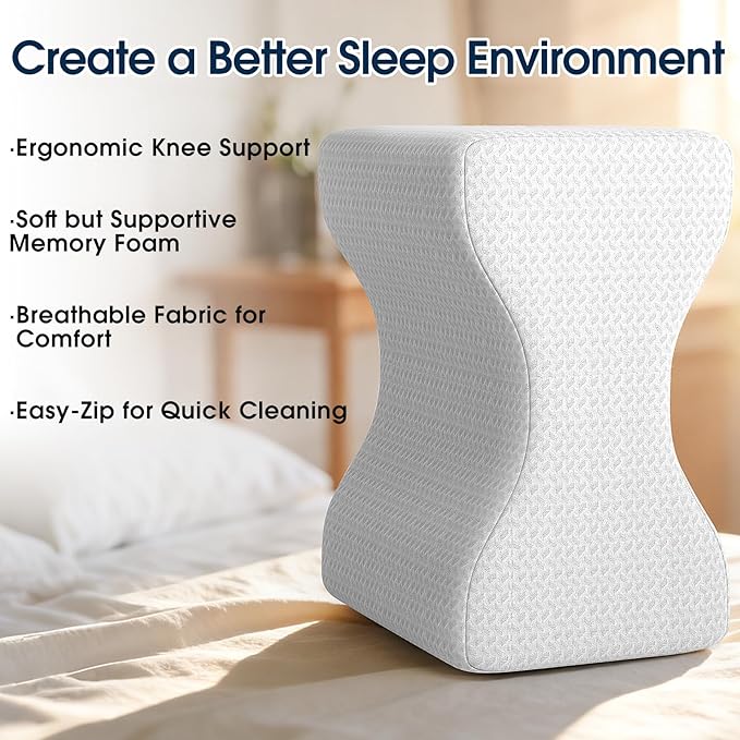 BlissTrends Memory Foam Knee Pillow, Knee Pillow for Side Sleepers, Leg Pillows for Sleeping Blood Circulation, Elevation Pillow for Spine Aligning, Sciatica, Hip, Knee, Ankle Pain, White, X-Large