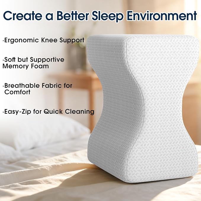BlissTrends Memory Foam Knee Pillow, Knee Pillow for Side Sleepers, Leg Pillows for Sleeping Blood Circulation, Elevation Pillow for Spine Aligning, Sciatica, Hip, Knee, Ankle Pain, White, Medium
