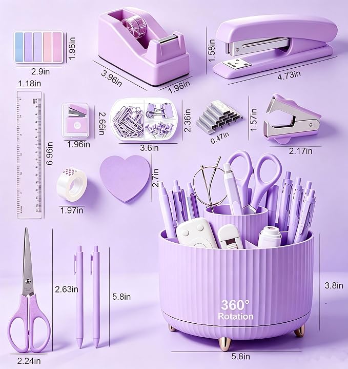 Office Supplies Set Rotating Pen Holder for Desk with Stapler Staple Remover Tape Dispenser 2pcs Tape Refills Binder Paper Clips Kit Scissor Pen Ruler & Sticky Tabs Pink Office School Supplies(Purple)