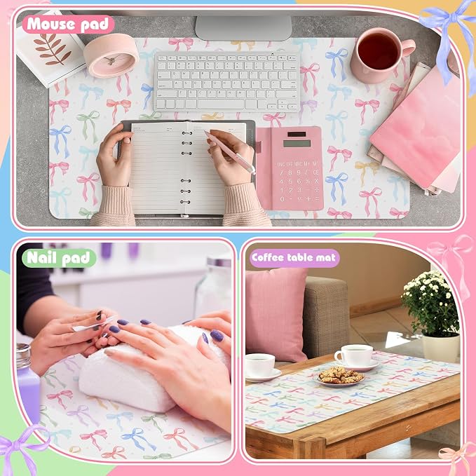 Teenyyou Coquette Bow Makeup Mat for Vanity Top Protector Back to School Gift 31.5" X15.7" Dual Side Leather Desk Mouse Pad Girly Waterproof Nonstick Dressing Vanity Cover for Women Home Office