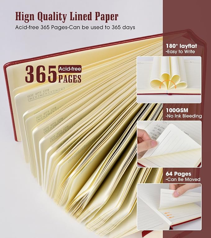 Lined Journal Notebook -365 Pages A5 Thick Journals for Writing Ruled Notebook, Hardcover Leather Journal for Women Men, Daily Notebook for Work, Note Taking, 100Gsm Lined Paper( 5.7'' X 8.3'' Wine)