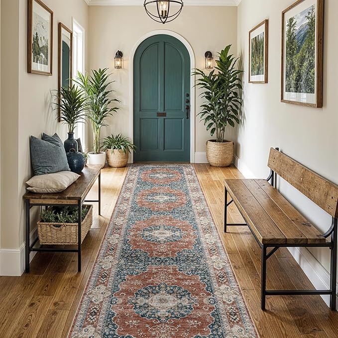 3x14 Washable Hallway Runner Rug:Oriental Indoor Kitchen Rugs Vintage Door Mat Non Slip with Rubber Backing Low Pile Thin Carpet for Bedroom Bathroom Living Room Bedside (3x14 Brick/Blue)