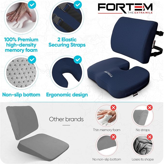 FORTEM Seat Cushion, Office Chair Cushion, Lumbar Support Pillow for Office Chair, Memory Foam Car Seat Cushions, Sciatica Coccyx Tailbone Pain Relief, Cushions for Back Support, Washable, Non Slip XL