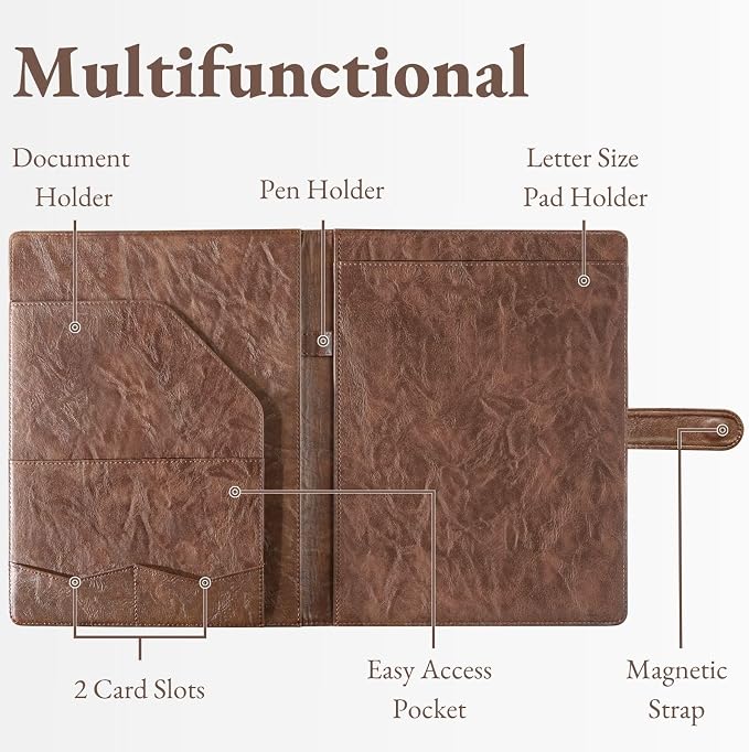 Mymazn Padfolio Portfolio Folder, Faux Leather Interview Resume Folder with Document Organizer & Business Card Holder, Letter-Sized Notepad Legal Pad Holder for Men Women (Coffee)