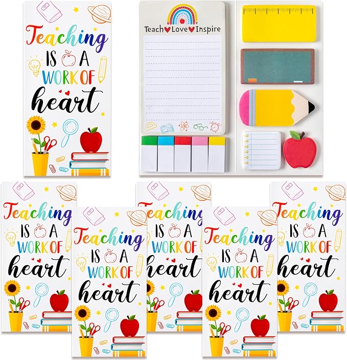 Xqumoi 5 Pack Teaching is A Work of Heart Sticky Notes Set - Ruler Blackboard Pencil Apple Shape Self-Stick Note Pads Teacher Appreciation Gift Writing Memo Pads Page Marker School Office Supplies