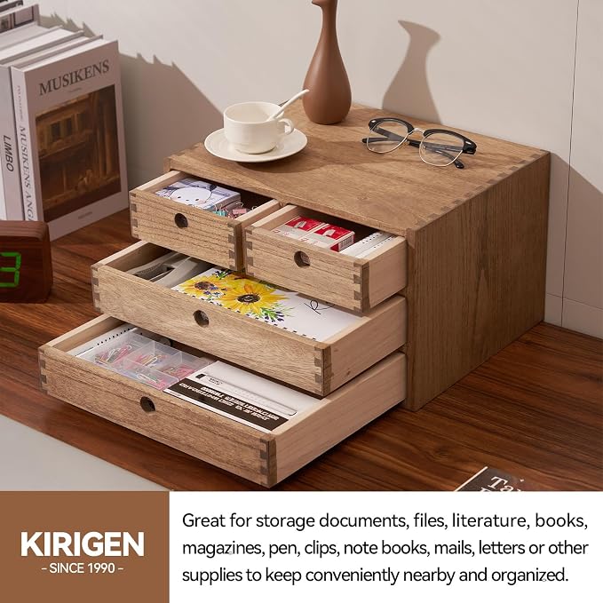KIRIGEN Wood Desk Organizer with 4 Drawers, Desktop Storage, Brown 34-DBR | 3-Tier Solid Wood Cabinet Holds Letter-Size Paper, Mail, Makeup, Crafts, and Home Office Supplies, Fully Assembled