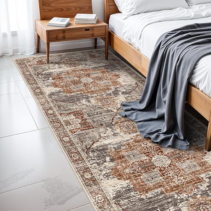 RUUGME Washable 3X8 Runner Rugs - Large Boho Rugs for Living Room Stain Resistant Carpet Vintage Tribal Rugs for Bedroom Kitchen Bathroom Non Slip Backing Home Decor Floor Decoration Mat 3X8 Brick