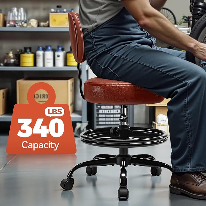 BestGlory Shop Stool with Wheels for Garage, Mechanics Rolling Chair with Backrest, Adjustable Height Heavy Duty Garage Stool with Footrest and Storage Tray, Swivel Task Chair for Workshop Salon