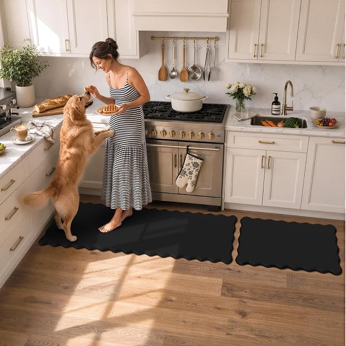 KIMODE Scalloped Kitchen Mats for Floor Cushioned Anti Fatigue,Black Carpet | Wavy Kitchen Sink Rugs Sets of 2 Non Slip,Comfort Memory Foam Kitchen Floor Mat for Office Laundry,Dormitory,Bath,Bedroom