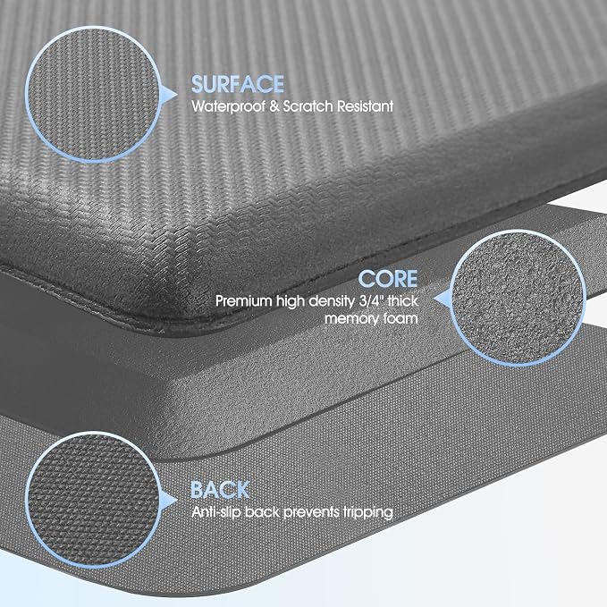 Kitchen Mat Cushioned Anti Fatigue, 0.75" Waterproof,Non Slip Kitchen Rugs, Memory Foam Comfort Mat for Standing at Home,Office,Sink,Laundry(20"x47.2" Grey)