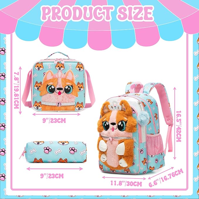 Meetbelify Kids Backpacks for Girls School Backpack with Lunch Bag Pencil Case for Elementary Student 3D Carton Plush Kids Travel School Bag for Girls Ages 6-8 Years Old