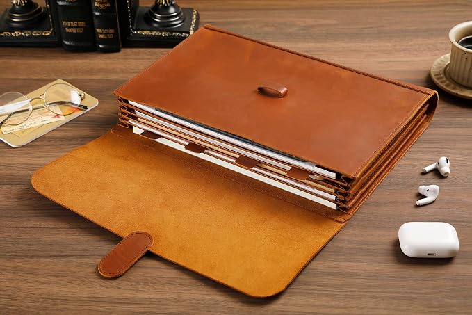 Genuine Leather File Folder, Accordian File Organizer, Leather Document Holder Resume Folio for Men & Women - Brown
