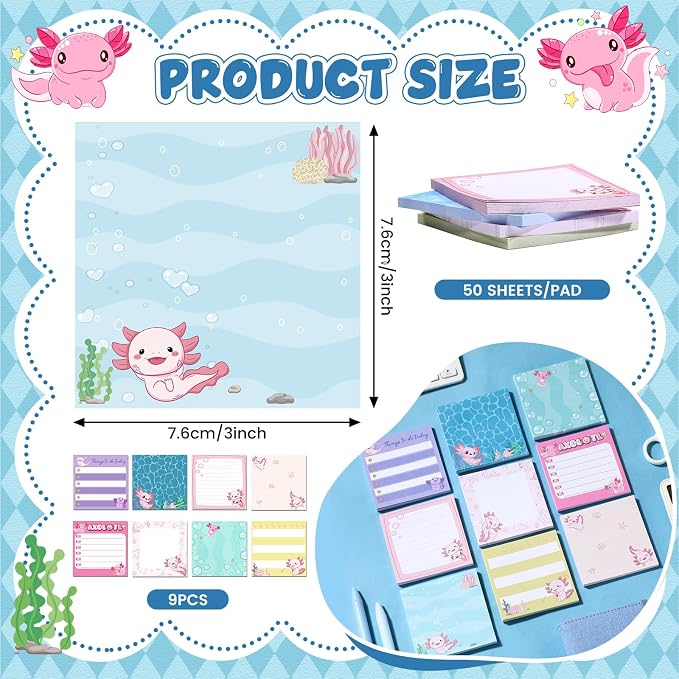9 Pads Cute Sticky Notes Cartoon Self Stick Notepads 3x3 Inches Notes Adhesive Memo Pad Office Decor Gifts for Students School Teacher Office Meeting(Axolotl)