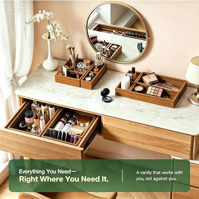 9-Pack Solid Wood Junk Drawer Organizer, Modular Desk Drawer Tray & Accessories with Non-Slip Pad, Multi-Use for Kitchen, Office, Bedroom Dresser, Utensil, Makeup, Stationery, Tea Bags & Coffee Pod