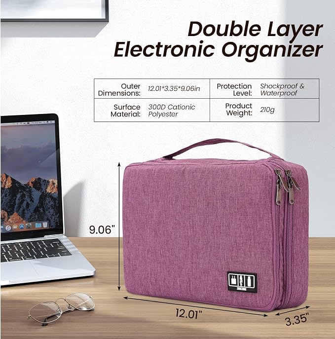 Large Electronic Organizer Travel Case, Double Layer Tech Accessories Bag with 3 DIY Adjustable Dividers, Waterproof Padded Cable Storage Pouch for Camera Gear, Power Bank, Hard Drive, Mouse