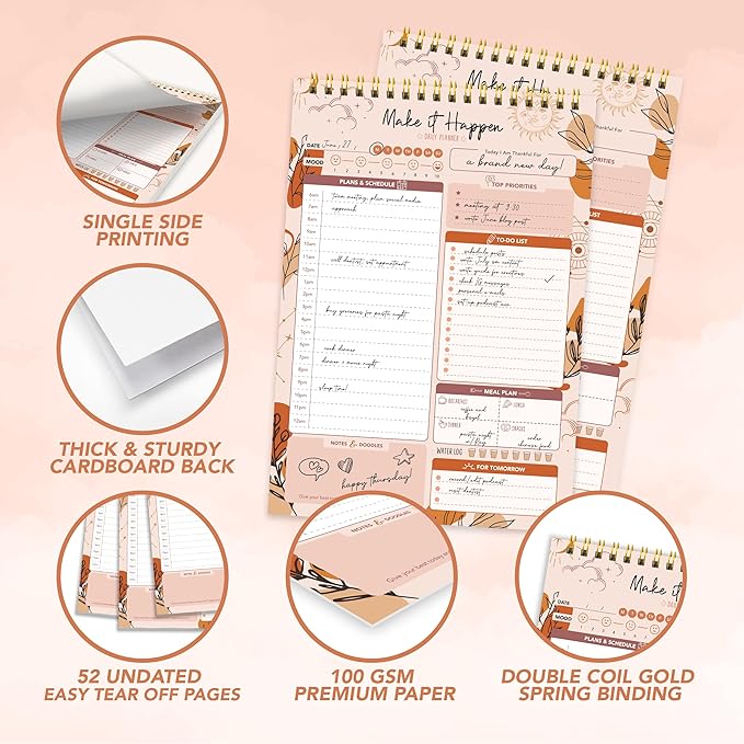 Decorably 52 Sheets Boho Celestial Undated Daily to Do List Notepad - 6.5x10" Spring-Bound Planner, Easy Tear-Off, for Schedule, Priorities, Agenda, Water Intake, Meals, Notes & Doodles - Home, Office