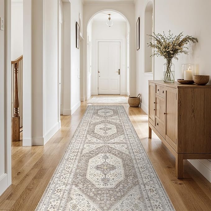 3x10 Washable Hallway Runner Rug:Oriental Indoor Kitchen Rugs Vintage Door Mat Non Slip with Rubber Backing Low Pile Thin Carpet for Bedroom Bathroom Living Room Bedside (3x10 Brown/Beige)