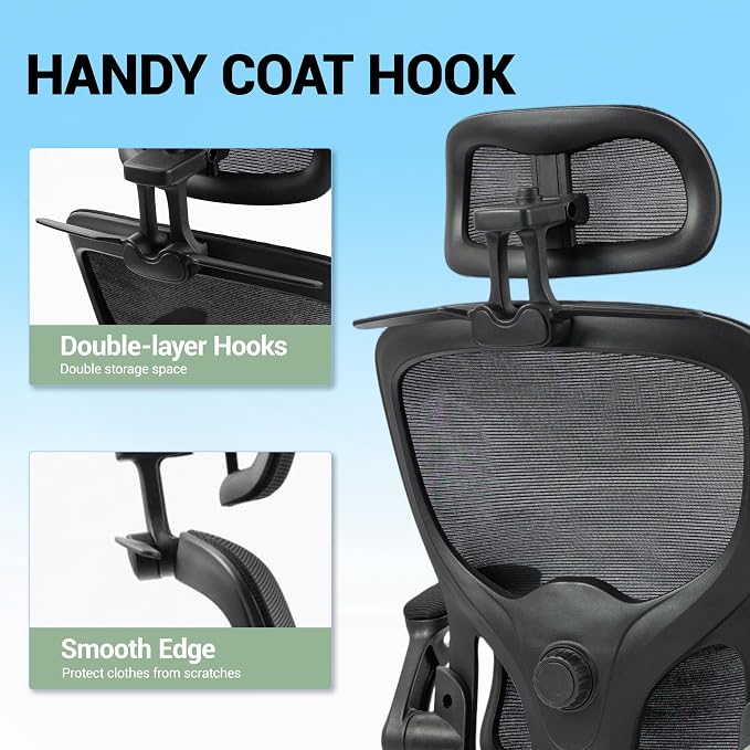 Ergonomic Office Chair with Flip-up Arms, Black | Home Desk Chair w/ Coat Hook, Adjustable Headrest and Lumber Support, Mesh Computer Gaming Chair, 330 LBS