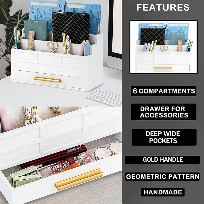 dreampossible white Wood Desk Organizer and Accessories with Drawer, Bill Mail Organizer and File Mail Holder for Office Supplies, Rustic Desk Accessories & Workspace Organizers for Desk Organization
