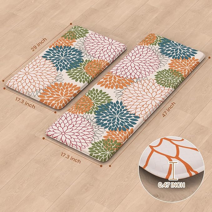 KIMODE Anti Fatigue Kitchen Mats for Floor 2PCS, Cushioned Standing Mats | 17"x47"+17"x29",Dahlia Floral,orange, Boho Floor Mats set of 2,Non Slip,Waterproof,Comfort Mat for Sink Office Laundry home