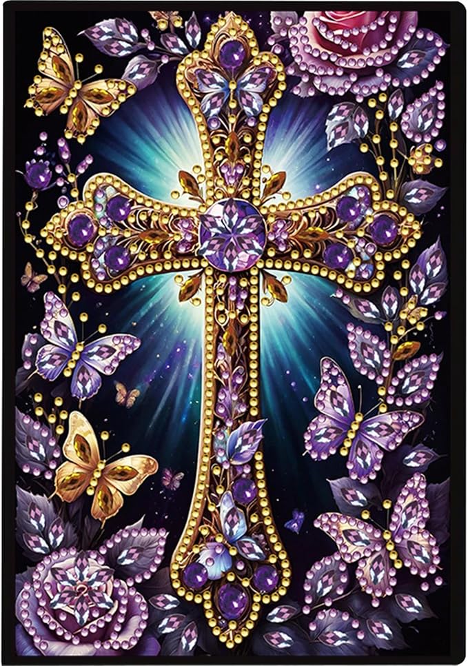 FRANDEK A5 50-Page DIY Diamond Art Painting Notebook with Beautiful Patterns, Purple Cross Special Shaped Diamond Art Craft for Beginners Creative Gift for adults June Back To School
