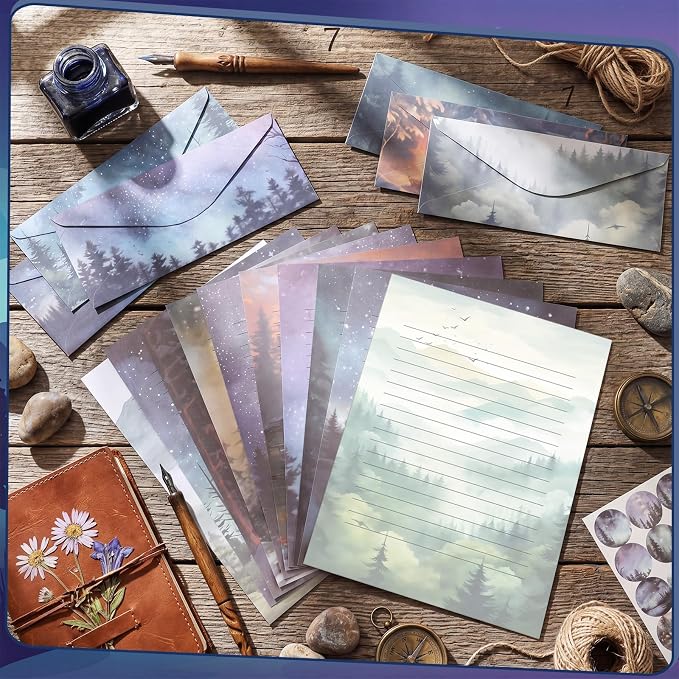 TaoBary 160 Pcs Stationery Paper Kit 50 Double Sided Stationery Papers with 50 Matching Envelopes and 60 Round Dot Sticker, 10 Design(whimsical Watercolor Illustration Starry Night, 8.5 x 11 Inch)