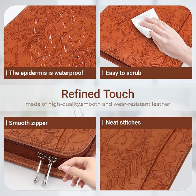 Embossed Faux Leather Zippered Padfolio with 3 Ring Binder, Executive Portfolio Organizer Binder for Women, Fits 13.9" Laptop/Tablet, Refillable Writing Pad Pocket, Brown
