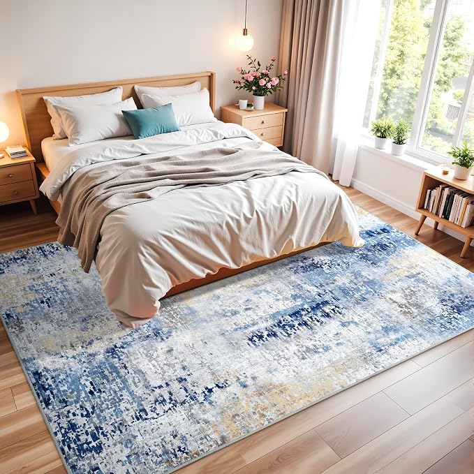 Macgace Washable Abstract Rug, 5x7 Modern Area Rugs with Non-Slip Rubber Backed for Living Room, Thin but Soft Contemporary Carpet Kitchen Bedroom Dining Room Decor, Midnight Blue