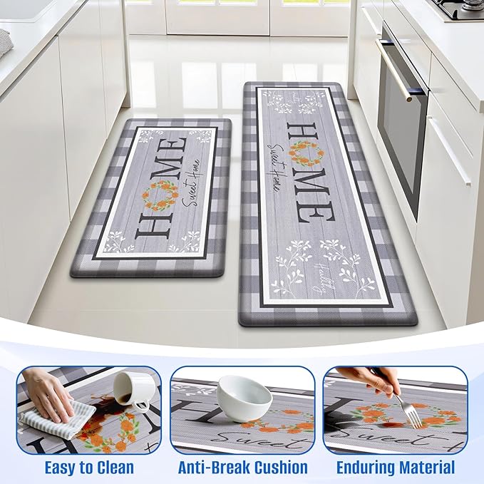 Kitchen Rugs, 2 PCS Kitchen Mats for Floor, Cushioned Non-Slip Anti Fatigue Mats for Kitchen Floor, Kitchen Runner Rugs for Standing Desk, Office, Laundry (17.3’’ x 30’’ + 17.3’’ x 47.2’’)