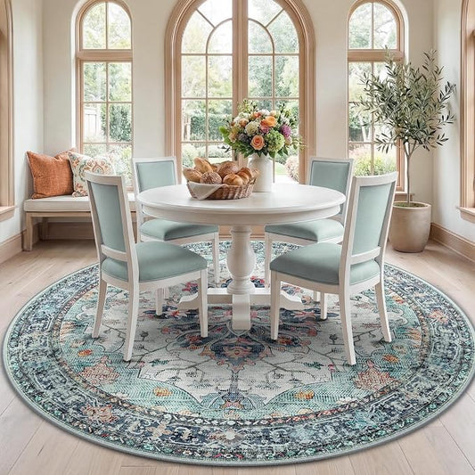 RELEANY Area Rugs Round 7ft Washable Non-Slip, Floral Vintage Distress Medallion Carpet for Living Room Bedroom Dining Room, Green Navy Blue White Red Teal
