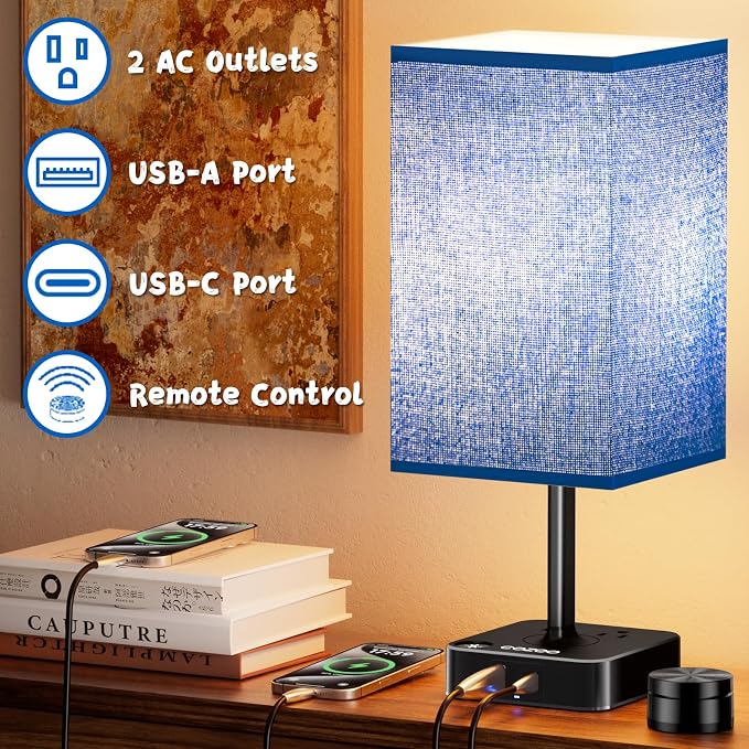 cozoo Bedside Table Lamp for Bedroom, 3 Way Dimmable & Remote Control Stepless Dimming Touch Nightstand Lamp, 2 USB Ports and 2 AC Outlets, Small Desk Light for Living Room, Bed, Study, Blue