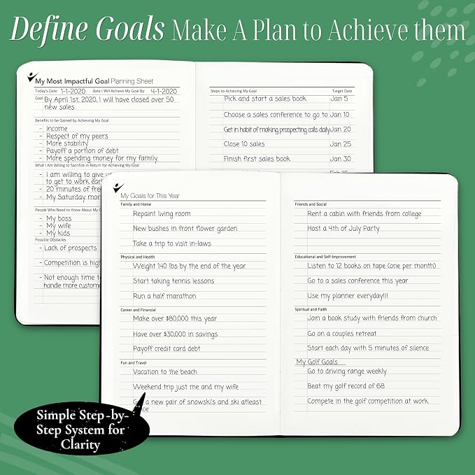 Goal Crazy Undated Daily Planner to Achieve Your Goals - 90 Day Guided Journal & Productivity Organizer with Goal Setting, Habit Tracker, To Do List, Academic & Work Calendar, Leather Hardcover - Forest Green