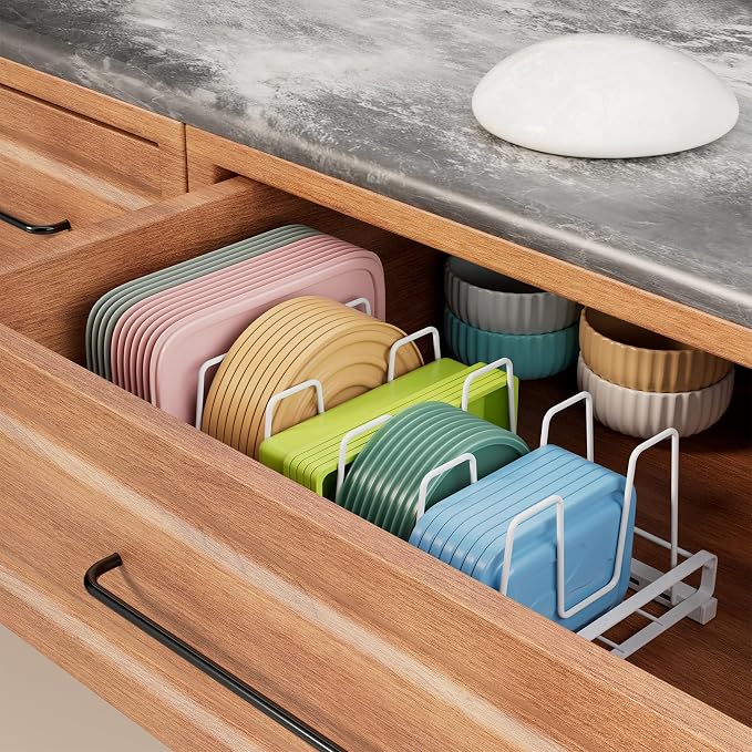 Food Container Lid Organizer Rack with Adjustable 6 Dividers, White | Full-Metal Pot and Pan Organizer Holder for Home Kitchen Cabinets, Drawers, Countertop, Cupboards, Pantry Shelves Storage
