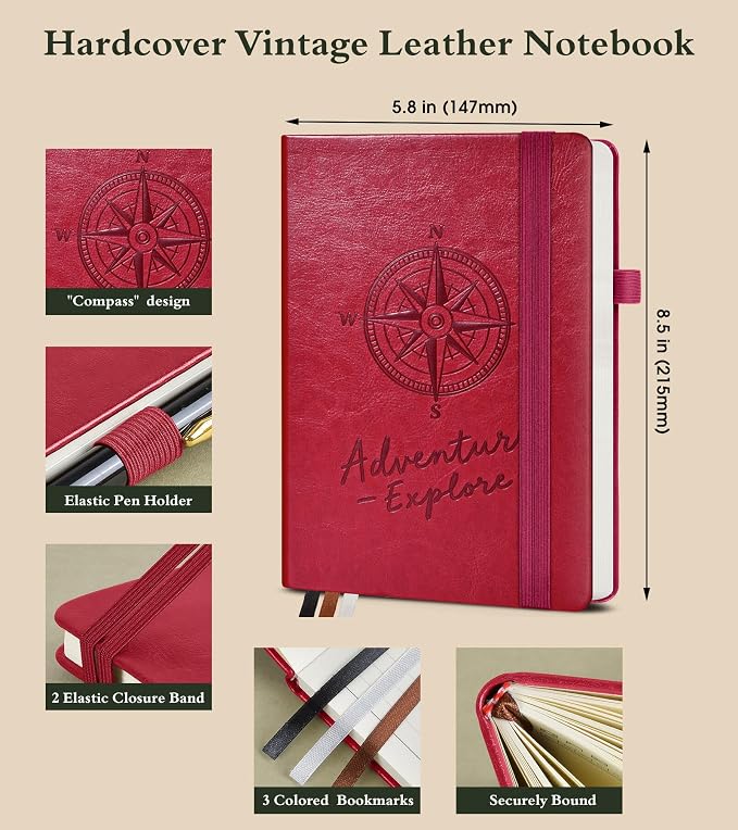 PAIBAS Graph Notebook for Women Men, 160 Pages Grid Paper, Graphing Notebooks for School, Work, Quad Ruled, Inner Pocket, A5 Hardcover Vintage Leather Journals for Writing, 5.8"x8.5" (Burgundy)