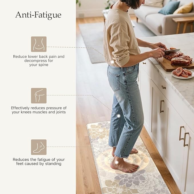 GENIMO Anti Fatigue Kitchen Mats for Floor 2PCS, Cushioned Standing Mats | 17.3"x47"&17.3"x30", Milky White vintage floral rug set, waterproof, non slip, easy-clean for farmhouse