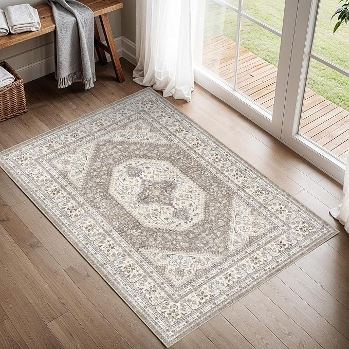 2x3 Washable Small Rug for Entryway: Indoor Vintage Oriental Area Rugs Stain Resistant Door Mat with Non Slip Backing Low Pile Thin Carpet for Bathroom (2x3 Brown/Beige)