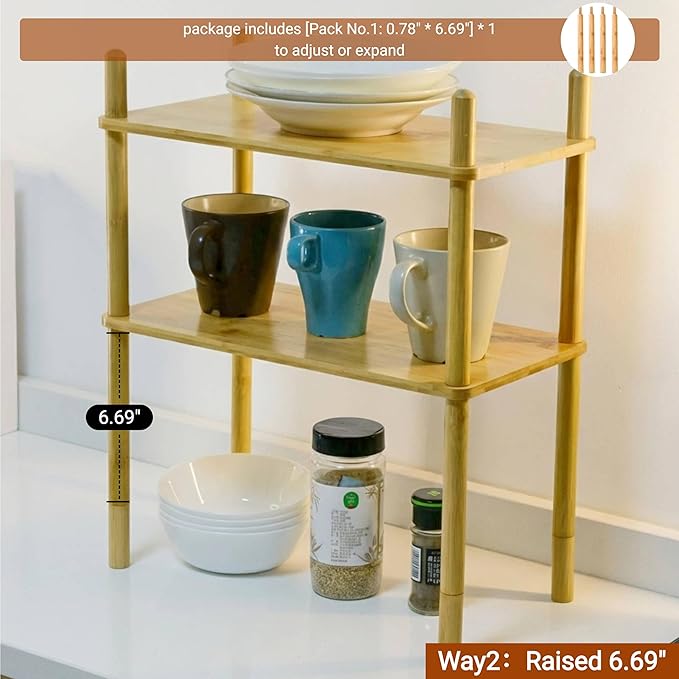 2-Tier Expandable Bamboo Desktop Organizer Shelf Kitchen Cabinet and Counter Riser Display Shelf for Top of Desk Home Office Bathroom Coffee Table Display Stand